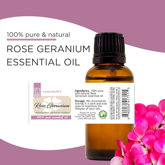 GreenHealth Rose Geranium Essential Oil - 4 fl oz Amber Glass Bottle - 100% Pure Essential Oil