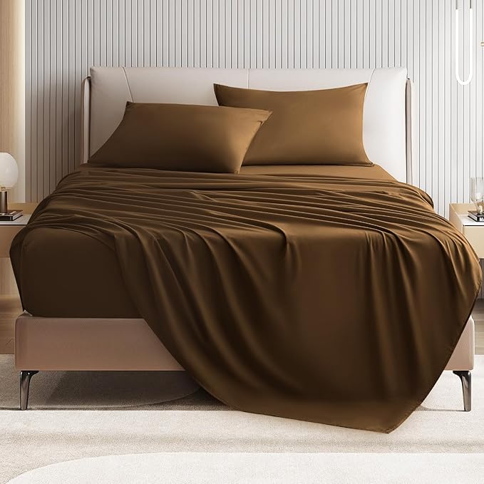 Cal King Size 4 Piece Sheet Set - Comfy Breathable & Cooling Bed Sheets Set, Soft and Wrinkle Free, Deep Pockets, Easy & Secure Fit, Hotel Luxury Bedding for Women, Men - Oeko-Tex - Brown