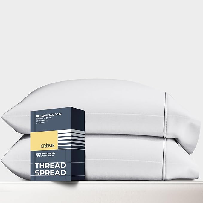THREAD SPREAD 100% Egyptian Cotton Pillow Cases Queen Size Set of 2 - Luxury 1500 Series Queen Pillow Cases (White), Soft Cooling Envelope Closure Hotel Quality Egyptian Cotton Pillowcases