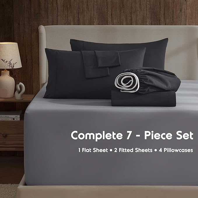 Nestl Extra Deep Split King Sheet Set - 7 Piece Breathable & Cooling Sheets - Hotel Luxury Bedding Set w/18-24 Inch Deep Pockets - Easy & Secure Fit - Super Soft, Wrinkle Free & Comfy - Black