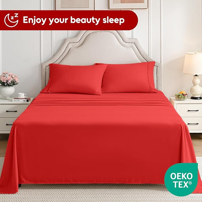 King Size Sheets Set, 4 Pieces Hotel Luxury Soft Microfiber Bed Sheets Set, Up to 16" Deep Pockets, Oeko-Tex Sheets with Elastic, Breathable, Wrinkle Free (Red, King)