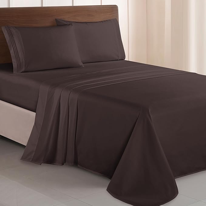 Elegant Comfort Luxurious 1500 Premium Hotel Quality Microfiber Three Line Embroidered Softest 4-Piece Bed Sheet Set, Wrinkle and Fade Resistant, Twin/Twin XL, Chocolate Brown
