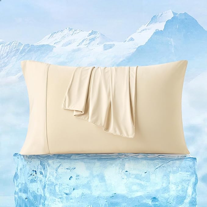 Cozy Bliss Cooling Pillow Cases for Hot Sleepers, Q-Max>0.45, Standard Size Set of 2, Soft & Silky Pillow Covers with Envelope Closure,Gift, Khaki, 20x26 Inches