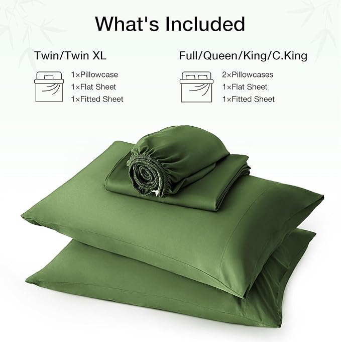 Love's cabin 4 Piece Queen Sheet Set, 100% Rayon Derived from Bamboo, Cooling & Breathable, Soft Silky Deep Pocket up to 16", Hotel Luxury Bedding for Hot Sleepers, Olive Green