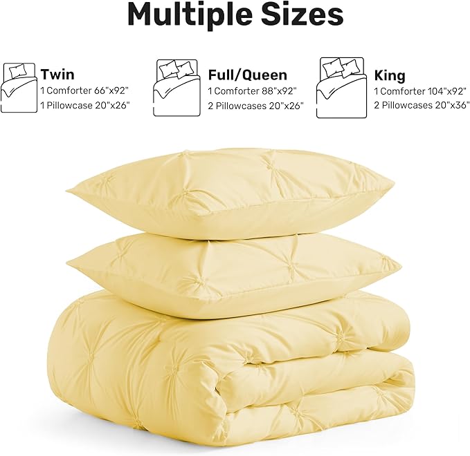 UNIKOME King Size Comforter Set Yellow - Ultra Soft Boho Pintuck Down Alternative Bedding Set for All Seasons, 3 Pieces Lightweight Warm Pinch Pleat Bed Set with Comforter, 2 Pillowcases