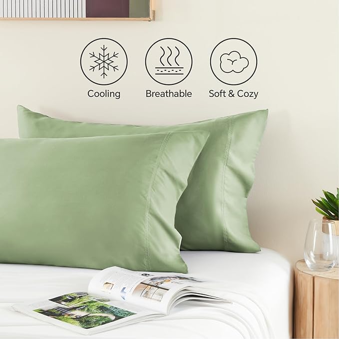BEDELITE Standard Pillow Cases Set of 2, Rayon Derived from Bamboo, Cooling Pillow Cases for Hot Sleepers & Night Sweats, Breathable Silky Soft Envelope Pillowcases(Sage Green, 20"x26")