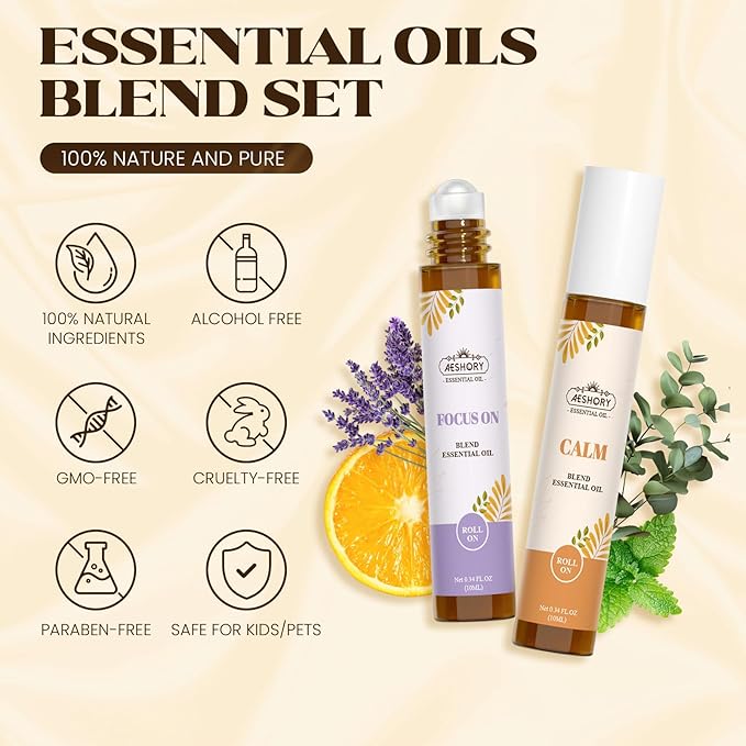 Essential Oils Roll On Set,Gifts for Mom & Wife (Calm, Relax, Breathe, Focus on, Sleep, Renew), Natural Aromatherapy Oil Blend Kit with Roller Ball for Massage, Body Skin Care, Relaxation Gift