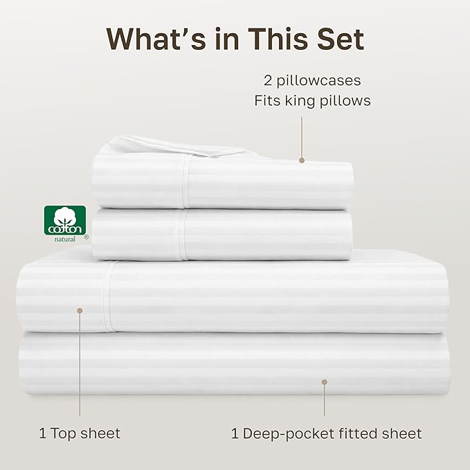 California Design Den Soft 100% Cotton King Sheet Set, 400 TC Good Housekeeping Award Winner, Silky Smooth Sateen Weave with Deep Pockets, Breathable and Durable Cotton Bedding Set - Striped White