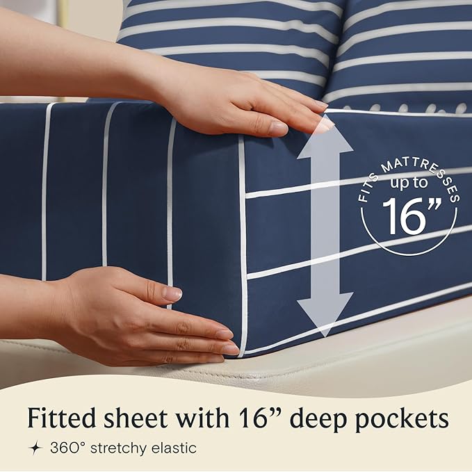 LuxClub Striped Sheets, 3 PC Striped Bed Sheets Twin Size, Deep Pockets 18" Eco Friendly Wrinkle Free-Kids-Fitted Sheets Machine Washable Hotel Bedding (Twin, Navy)