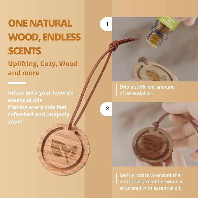 Lavender & Eucalyptus Essential Oils with Wood Car Diffuser | 100% Pure & Natural | Aromatherapy Set for Relaxation, Breathing, and Stress Relief | Hanging Diffuser with Leather Strap