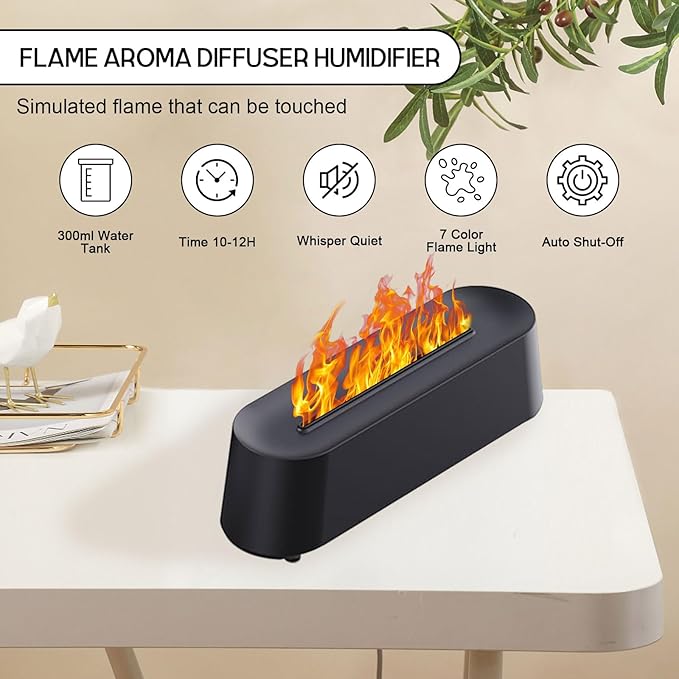 Flame Diffuser Humidifier, 7 Color Flame Air Diffuser Humidifier 300ml Oil Diffuser Flame for Home, Office, Timer and Waterless Auto Off