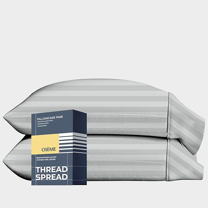 THREAD SPREAD 100% Egyptian Cotton Damask Pillow Cases Queen Size Set of 2 - Luxury 1500 Series Queen Pillow Cases (Silver Stripe), Soft Cooling Envelope Closure Hotel Egyptian Cotton Pillowcases