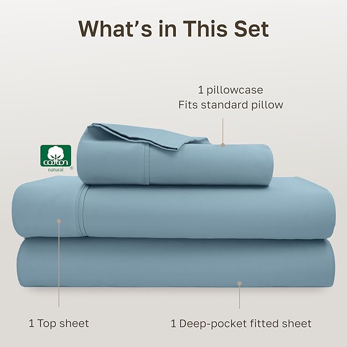 California Design Den Soft 100% Cotton Bed Sheets Twin Size Set, 400 Thread Count Good Housekeeping Award Winner, Silky Smooth Sateen Weave, Refined Twin Bed Sheet Set - Sky Blue