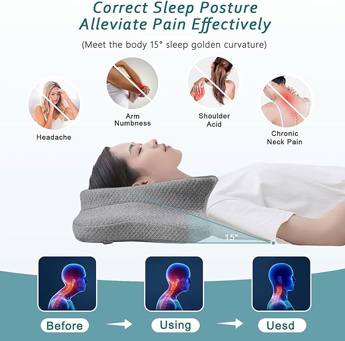 CHxxy Cervical Neck Pillow for Pain Relief Sleeping, Memory Foam Pillows, Ergonomic Side Sleeper Pillows, Cooling Orthopedic Neck Support Pillow for Back Stomach Sleepers-Queen Size Grey&Grey