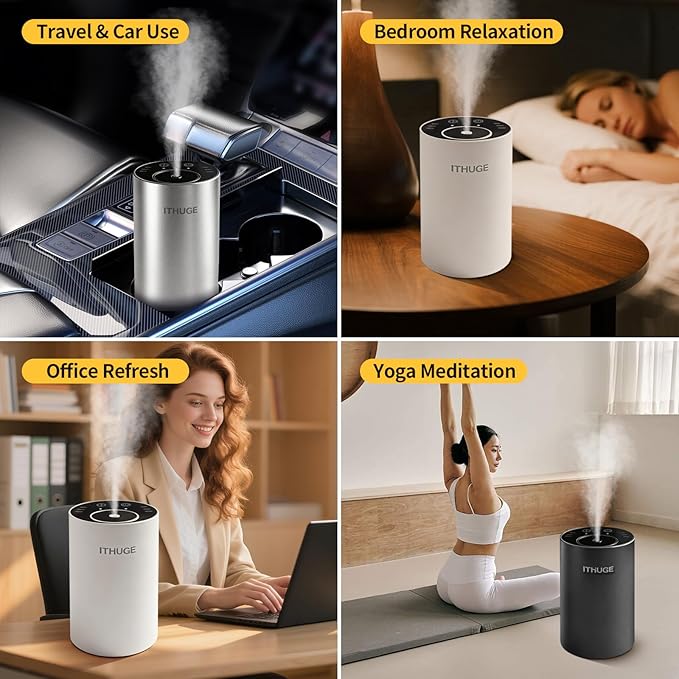 Waterless Essential Oil Diffuser, Portable Nebulizer with 3 Intensity Levels, Battery Powered for Car Home Office (Black)