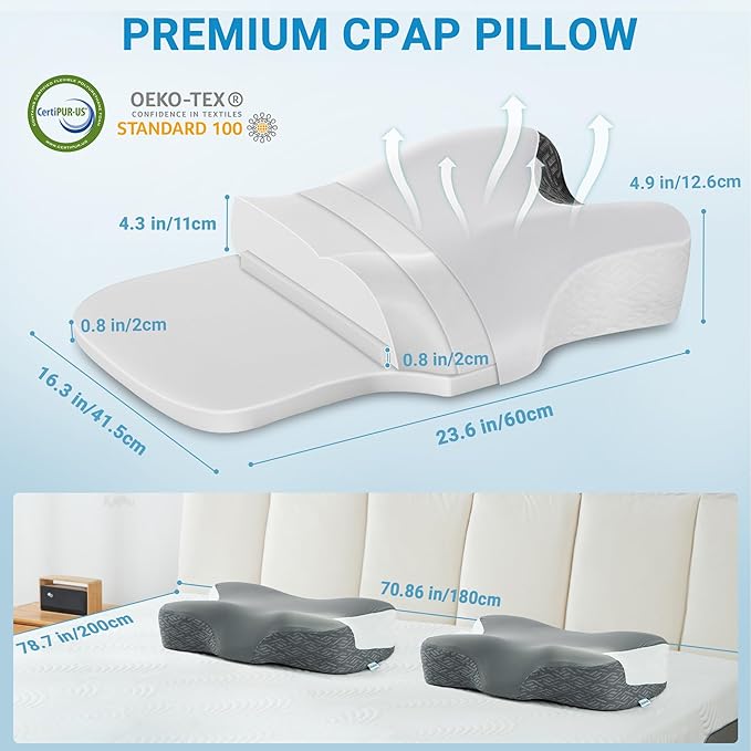 Elviros Neck Pillow for Pain Relief Sleeping, 2 Pack CPAP Pillows for Side, Back & Stomach Sleepers, Ergonomic Orthopedic Pillow for CPAP Users to Reduce Air Leaks and Mask Pressure, White