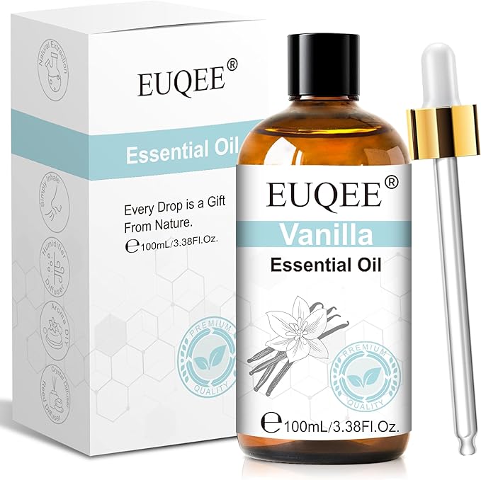 EUQEE Vanilla Essential Oil 100ml, 100% Natural and Pure Vanilla Oil for Aromatherapy Diffuser, Massage, DIY Soap, Candle Making, Skin & Hair Care - 3.38 Fl Oz