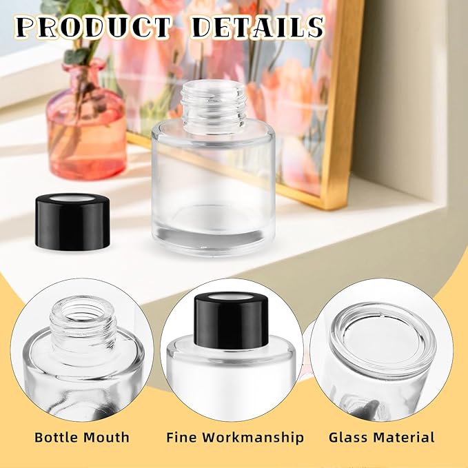 6 Pcs Glass Diffuser Clear Refillable Round Glass Diffuser with Black Lids for Aromatherapy Fragrance DIY Replacement Essential Oils Crafts - 50ml/1.7oz