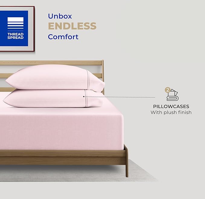 Thread Spread 100% Cotton Pillow Cases Queen Size Set of 2 - Luxury 400 Series Glee Collection Queen Pillow Cases (Blush), Soft Cooling Breathable Hotel Cotton Pillowcases, Fits Standard Pillows