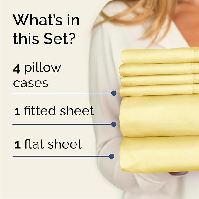 Queen 6 Piece Sheet Set - Comfy, Breathable & Cooling - Hotel Luxury Bedding for Women, Men, Kids, Teens and Children - 1 Flat & 1 Fitted Sheet & 4 Pillowcases w/ Deep Pockets - Wrinkle Free - Yellow