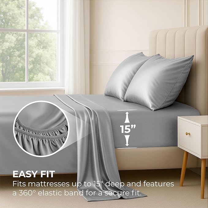 Satin Sheets King [4-Piece, Grey] Hotel Luxury Silky Bed Sheets - Extra Soft 1800 Microfiber Sheet Set, Wrinkle, Fade, Stain Resistant - Deep Pocket Fitted Sheet, Flat Sheet, Pillow Cases