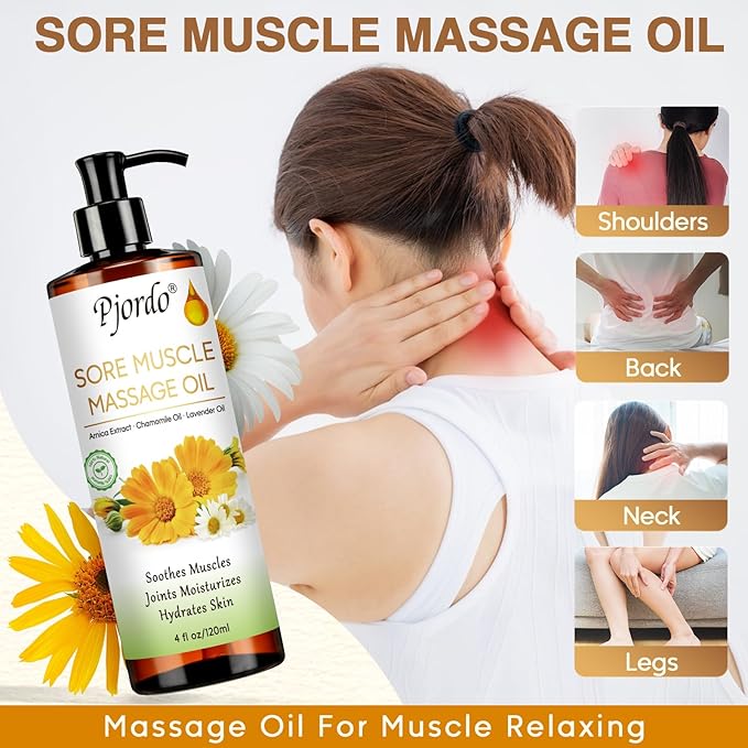 Pjordo Body Massage Oil for Massage Therapy Kit, Lilac, Lavender, Sore Muscle Arnica Oil with Massage Roller Ball, Relaxing Massage Oils for Pain Relief, Spa Gift Set for Him Her