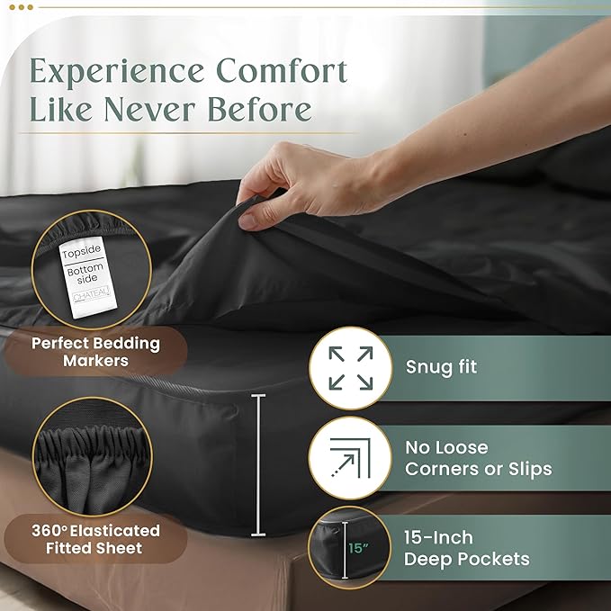 100% Cotton Sheets California King Size Sheets Set with Fitted Sheet & Pillowcase Sets, 800TC Sateen Weave 4PC 15" Deep Pocket CalKing Sheet Set, Soft & Comfy Luxury Bedding - Charcoal
