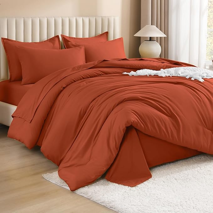 Litanika Oversized Queen Size Comforter Set Burnt Orange - 7 Pieces Bed in a Bag Oversized Beddding Sets, Solid Lightweight Bed Set with Comforter, Sheets, Pillowcases & Shams