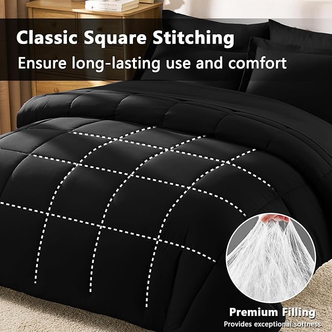 CozyLux King Size Comforter Set Black - 7 Pieces Bed in a Bag King, Okeo-Tex Certifited Bedding Set, All Season Soft Bed Set with Down Alternative Comforter, Sheets, Pillowcases & Pillow Shams