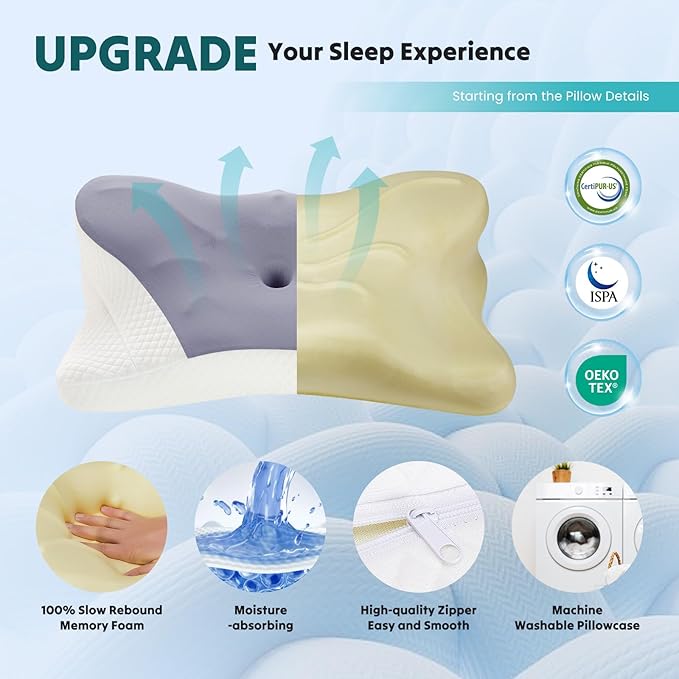 NEWBULIG Cervical Neck Pillow, Ergonomic Memory Foam Pillow for Neck Pain Relief, Contour Bed Pillow with Neck Support for Side, Back & Stomach Sleepers, Queen, Dark Grey