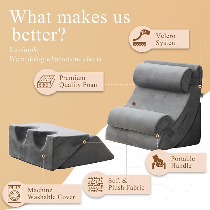 Axelrod 6PCS Orthopedic Bed Wedge Pillow Set, Post Surgery Foam for Back, Neck and Leg Pain Relief Comfortable & Adjustable Pillows- Anti Snoring, Heartburn, Acid Reflux & GERD Sleeping Grey