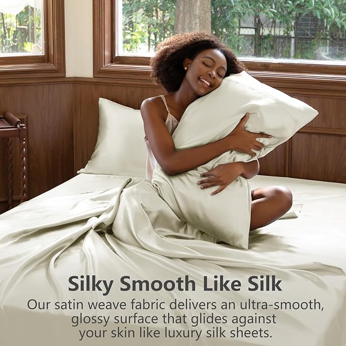 CozyLux Satin Sheets Queen Size Bed Set - 4 Piece Silky Queen Sheet Set, Luxury Cream Queen Sheets with Smooth and Soft Microfiber, Includes 1 Fitted Sheet, 1 Flat Sheet and 2 Pillowcases