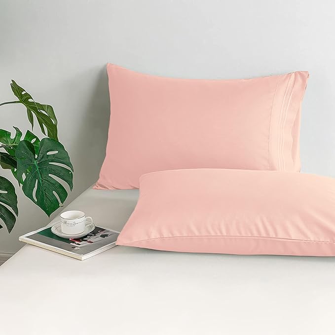Mocassi 2-Piece Premium Standard/Queen Pillowcase Set 1800 Series Hotel Quality Microfiber - Soft and Breathable with 3-Line Embroidery Wrinkle and Stain Resistant, Easy Care, 20" x 30", Blush Pink