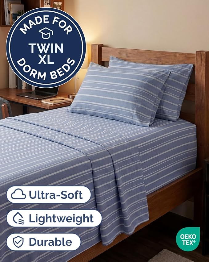 Extra Deep Twin XL Sheet Set - 4 Piece Breathable and Cooling Sheets - Hotel Luxury Bedding for Women, Men, Kids & Teens - Easy Secure Fit - Soft & Wrinkle Free with Extra Deep Pockets - Blue Stripes