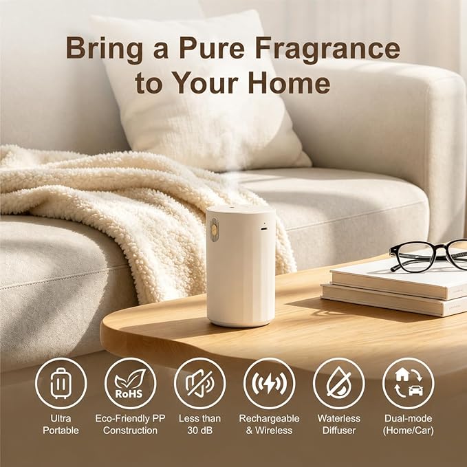 ASAKUKI Waterless Diffuser for Home & Car, 0.17–0.68 fl. oz. / 5–20 ml of Essential Oil, with Adjustable Mist Levels and Timer, Built-in 2000 mAh Battery, Ideal for Home, Car, Office and Travel(White)