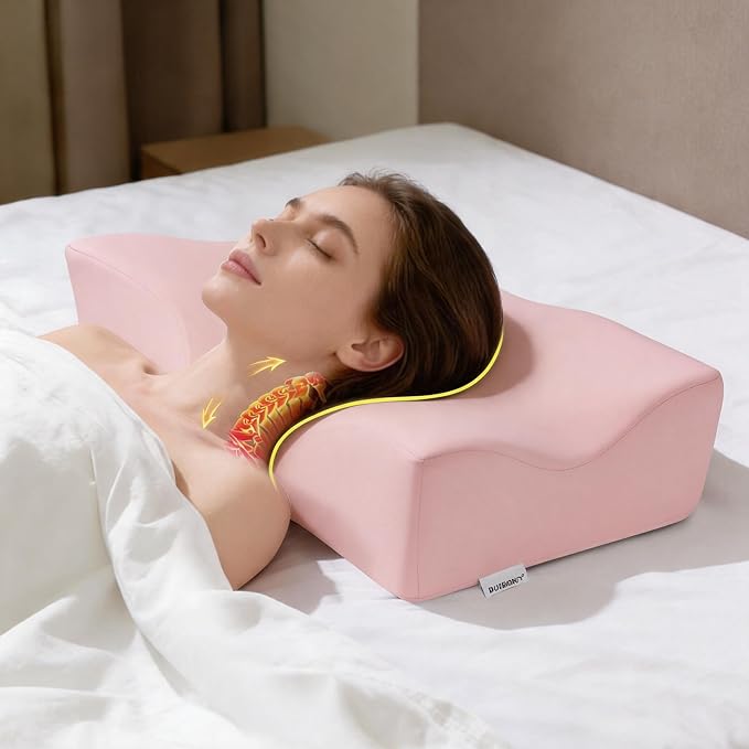 DOBUONO Cervical Neck Pillow - Side Sleeper Pillow for Neck Pain Relief, Odorless Memory Foam Pillow with Cooling Cover & Dual Height, Ergonomic Contour for Neck & Shoulder Support, Pink
