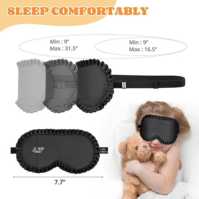 Kids Sleep Mask Eye Cover, 100% Real Mulberry Silk Sleep Mask with Adjustable Strap, Kids Blindfold for Sleeping, Boys Girls Eye Shade for Ages 5+, Soft and No Pressure (Black)