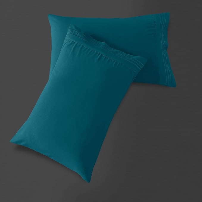 Mocassi 2-Piece Premium King Pillowcase Set 1800 Series Hotel Quality Microfiber - Soft and Breathable with 3-Line Embroidery Wrinkle and Stain Resistant, Easy Care, 20" x 40", Midnight Teal