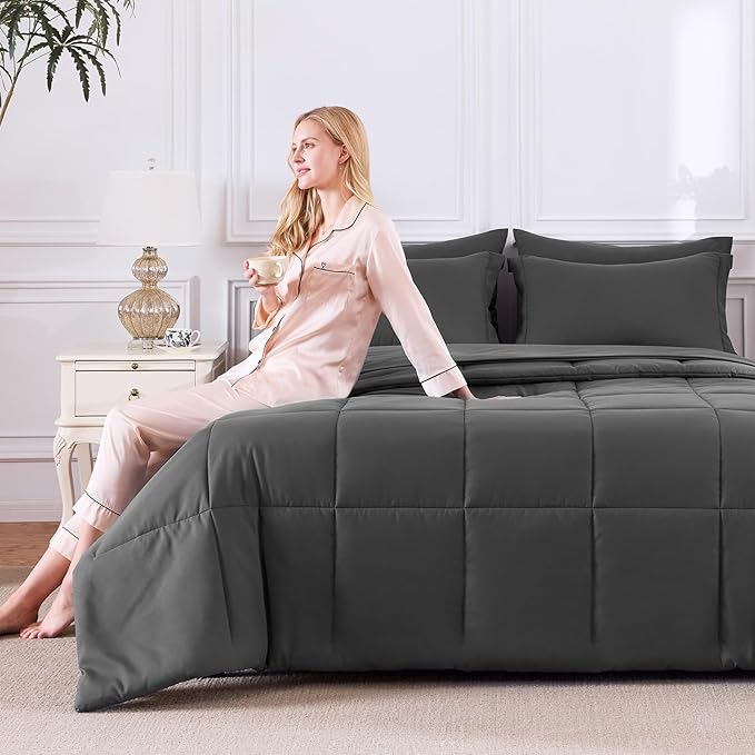 CozyLux King Size Comforter Set Dark Grey - 7 Pieces Bed in a Bag King, Okeo-Tex Certifited Bedding Set, All Season Soft Bed Set with Down Alternative Comforter, Sheets, Pillowcases & Pillow Shams