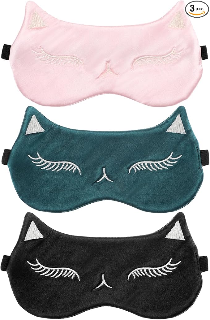 Cute Cat Silk Satin Eye Mask - 3Pcs Women's Blackout Blindfold with Elastic Strap - Travel Eye Mask (3 Colors)