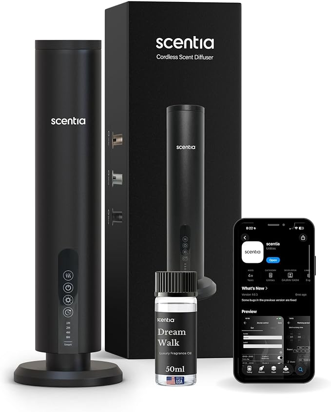 Scentia Wireless Waterless Hotel Scent Diffuser | Includes Premium USA-Made Oil Blend | App Controlled, Cordless | Home, Office, Spa, Aromatherapy | Covers 1500 Sq Ft | 72 Hrs in 1 Charging | Black