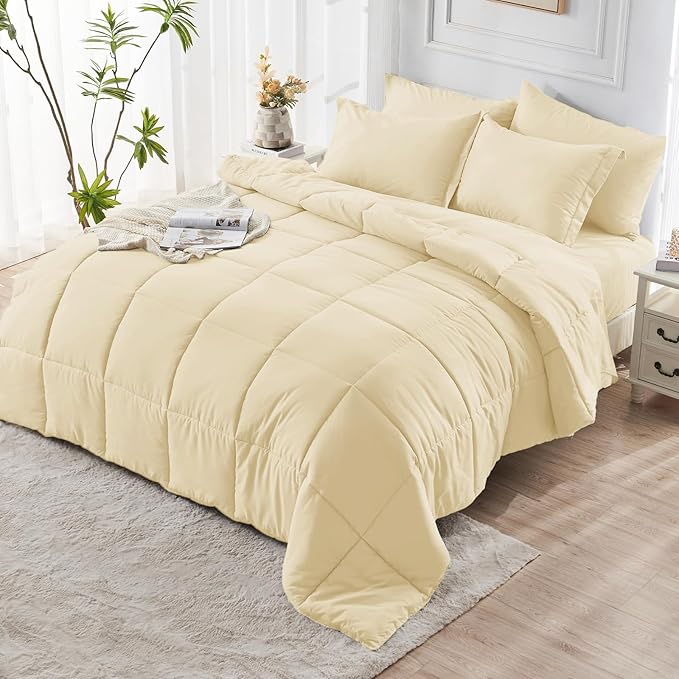 JOLLYVOGUE California King Comforter Set, Ultra-Soft Bed in a Bag Cal King Size 7 Pieces, Oeko-TEX Certified Bedding Set with Down Alternative Comforter, Sheets, Pillowcases & Shams, Light Yellow