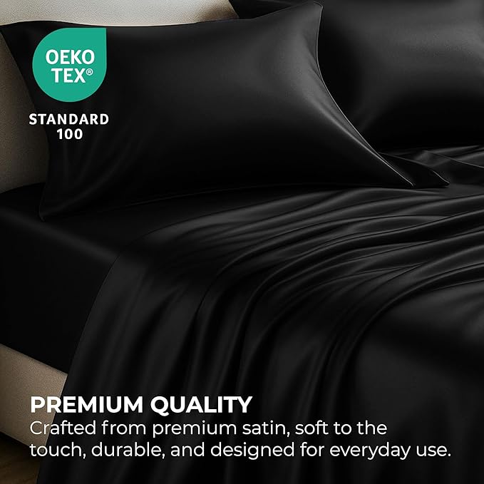 Satin Sheets California King [4-Piece, Black] Luxury Silky Bed Sheets - Extra Soft 1800 Microfiber Sheet Set, Wrinkle, Fade, Stain Resistant - Deep Pocket Fitted Sheet, Flat Sheet, Pillow Cases