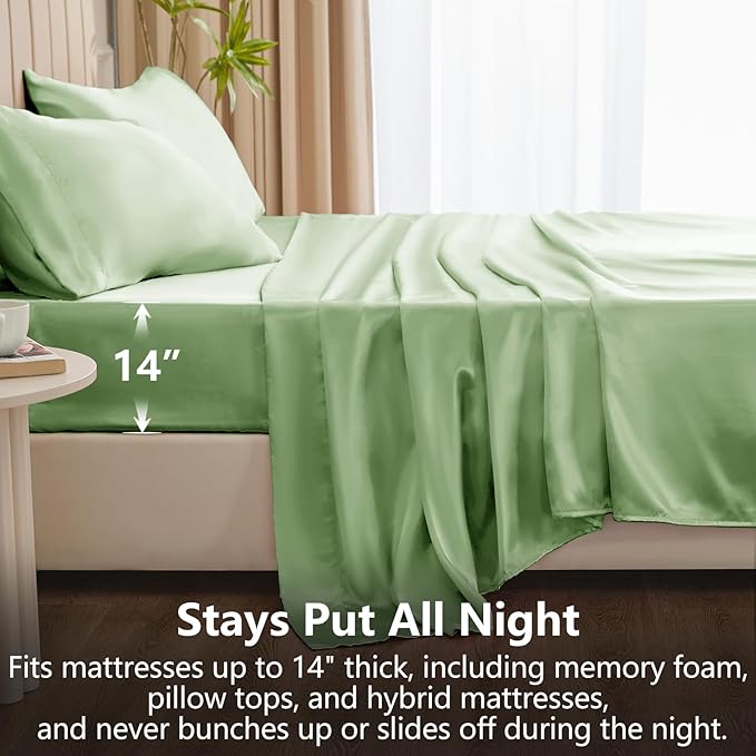 CozyLux Satin Sheets King Size Sheet Set - 4 Piece Silky King Sheets, Luxury Sage Green King Bed Set with Smooth and Soft Microfiber, Includes 1 Fitted Sheet, 1 Flat Sheet and 2 Pillowcases