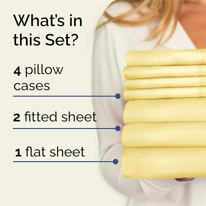 Split King 7 Piece Sheet Set - Comfy, Breathable & Cooling - Soft Hotel Luxury Bedding for Women, Men, Kids, Teens and Children - 1 Flat & 2 Fitted Sheets & 4 Pillowcases with Deep Pockets - Yellow