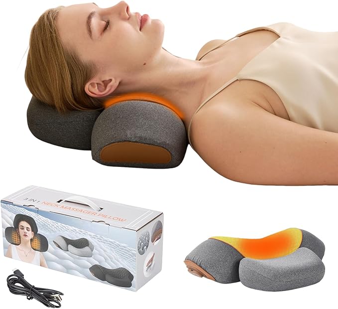 3 in 1 Heated Neck Massage Pillows with Heat for Pain Relief Deep Tissue, Rechargeable Cervical Neck Hump Corrector, Wireless Pillow Supports (No Washable Cover)