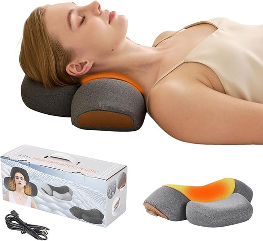 3 in 1 Heated Neck Massage Pillows with Heat for Pain Relief Deep Tissue, Rechargeable Cervical Neck Hump Corrector, Wireless Pillow Supports (No Washable Cover)