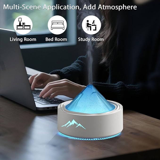Essential Oil Diffuser, Bedroom Glacier Aromatherapy Machine, 100ML Desktop Large Spray Humidifier, with 7 Color LED Lights, Water Shortage Shutdown Protection, Suitable for Home, Office&Yoga (White)