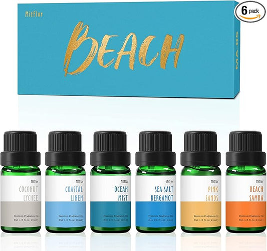 Beach Fragrance Oils Set, MitFlor Essential Oils for Diffusers for Home, 6x10ml, Fragrance Oil for Soap Candle Making, Premium Summer Diffuser Oils Scents, Pink Sands, Ocean Mist and More