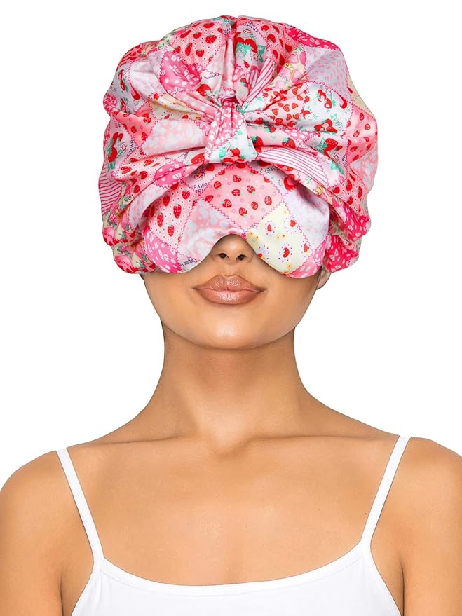 Double Layer Satin Bonnet with Eye Mask Adjustable Silk Sleep Cap Turban Style Hair Wrap for Curly Hair Pink Strawberry